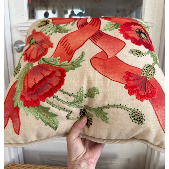 Vintage MCM Accent Pillow Linen Embroidered Red Poppy Flowers Bow 17x17" - Picture 9 of 11